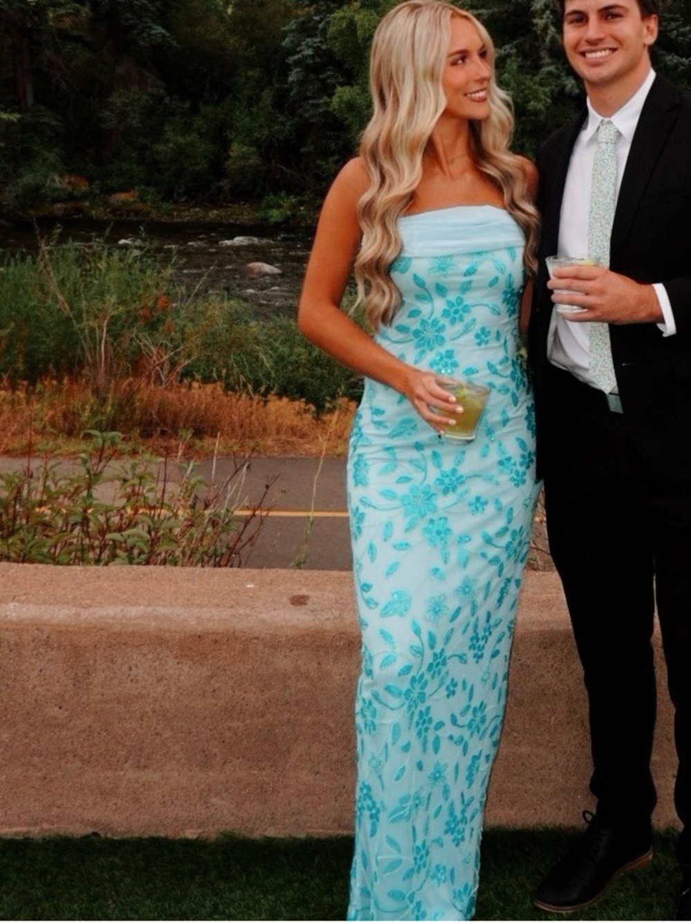 Peppermayo Aqua Floral Strapless Maxi Dress